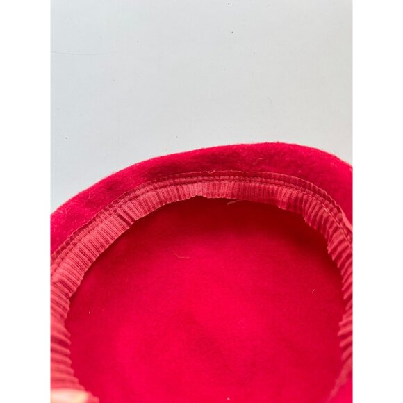 Vintage Red Wool Felt Pink Grosgrain Ribbon Feather Capulet Hat - Picture 14 of 16